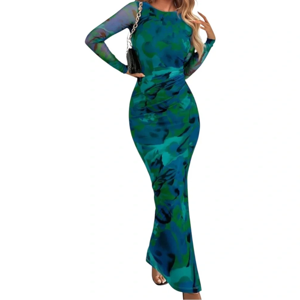 Green and Blue Long Sleeve Bodycon Dress for Night Out - Picture 3 of 15